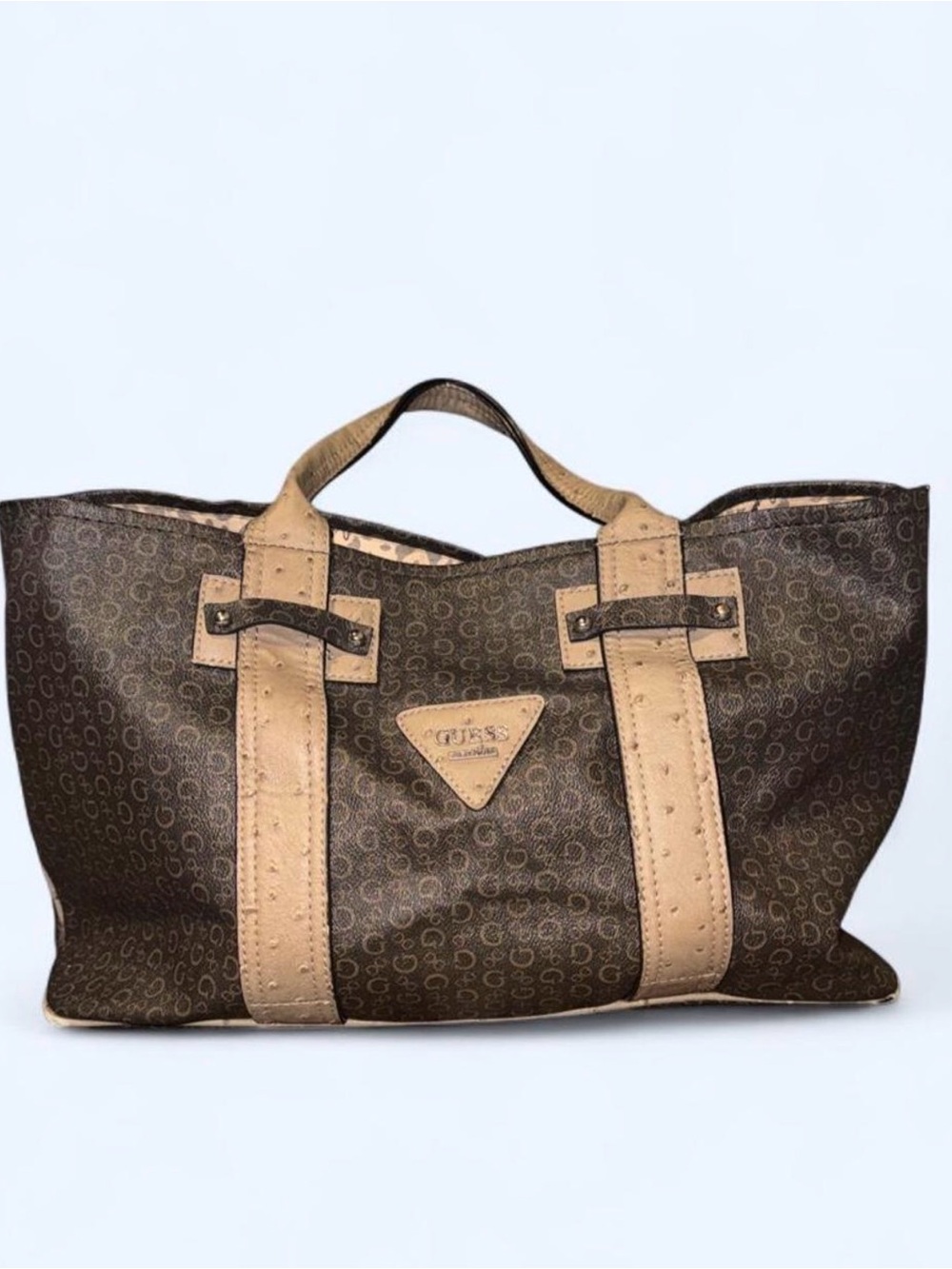 GUESS Brown Monogram Tote with Tan Trim